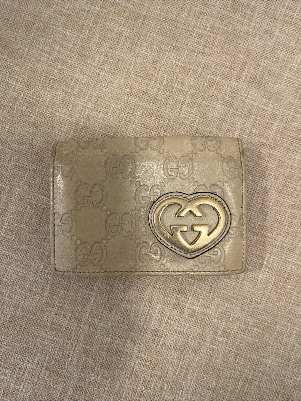 Gucci Taupe GG Embossed Leather card wallet holder with Gold Heart Logo